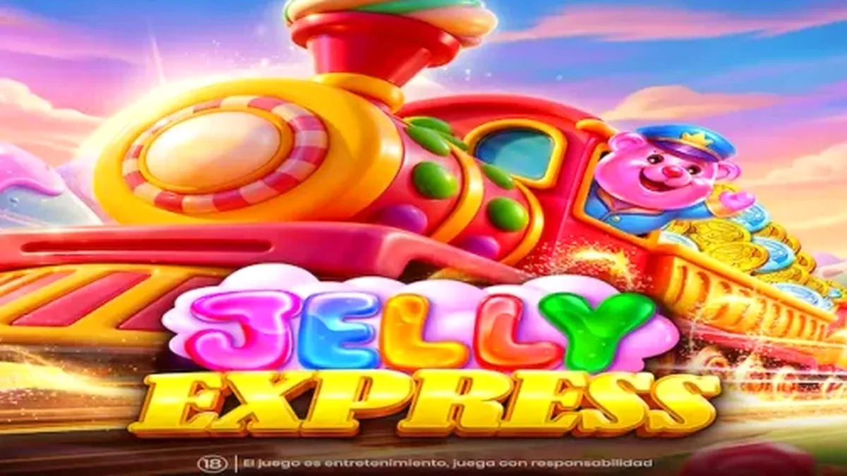 Tampilan visual permainan slot Jelly Express dengan tema kereta permen